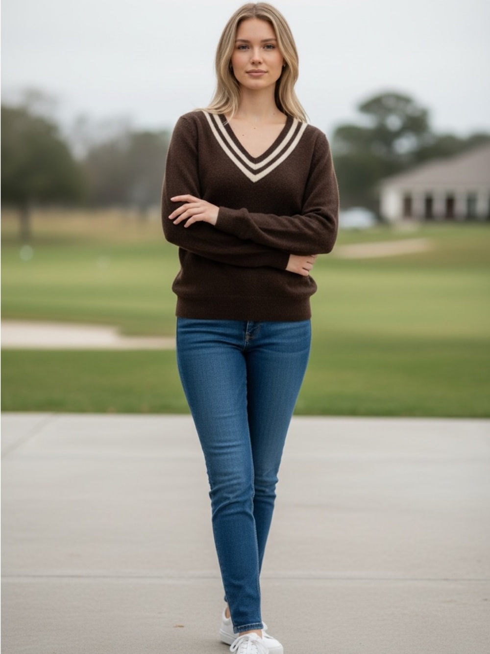 Ralph Lauren Brown V-Neck Sweater with Cream Stripe Trim